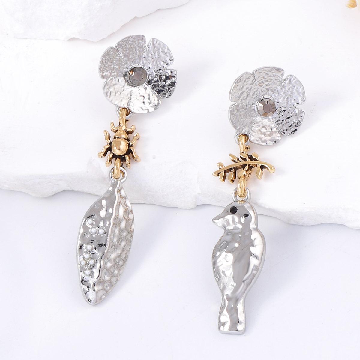 Digadagu Metal Flower Bird Dangle Earrings New Women s Exaggerated Minimalist Design Zircon Accessories медный