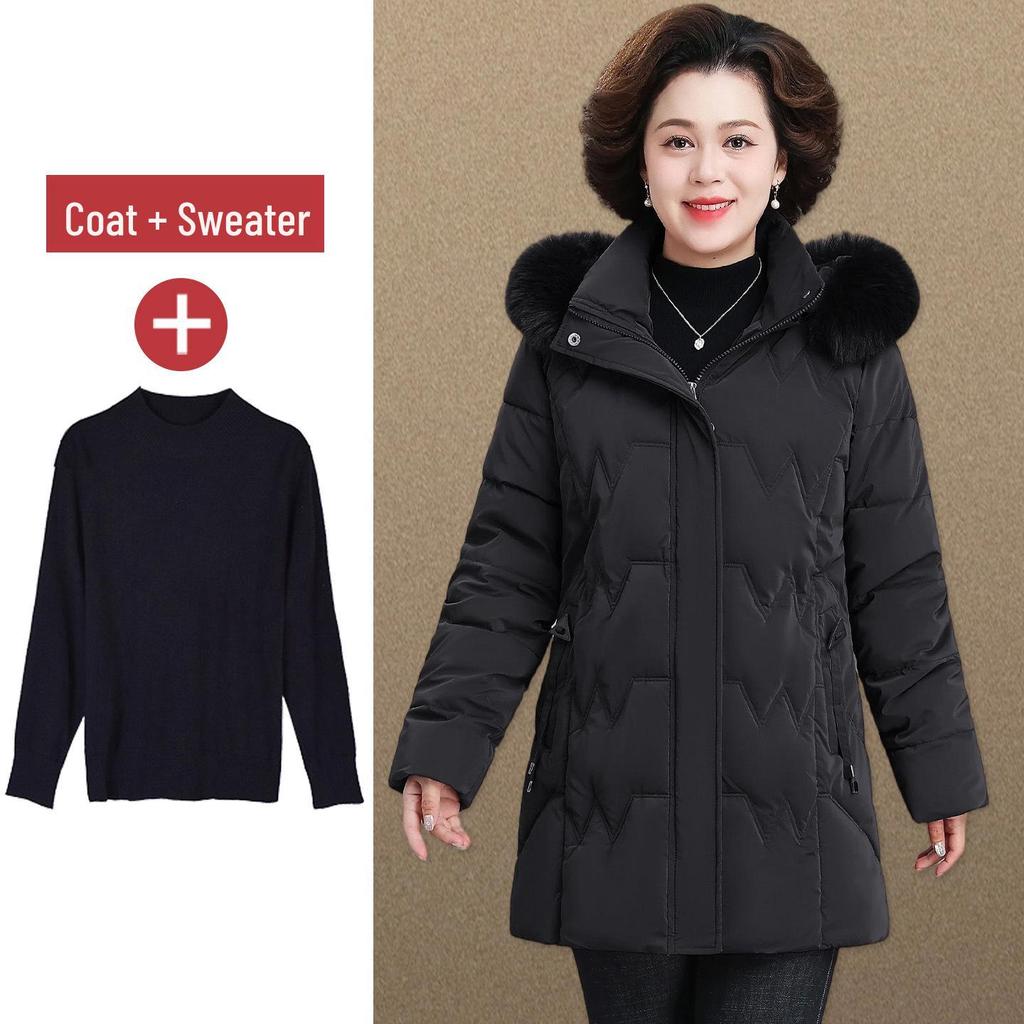 2025 Women's Stylish Hooded Mid-Length Winter Coat: Warm, Cotton-Padded Jacket for Middle-Aged and Elderly