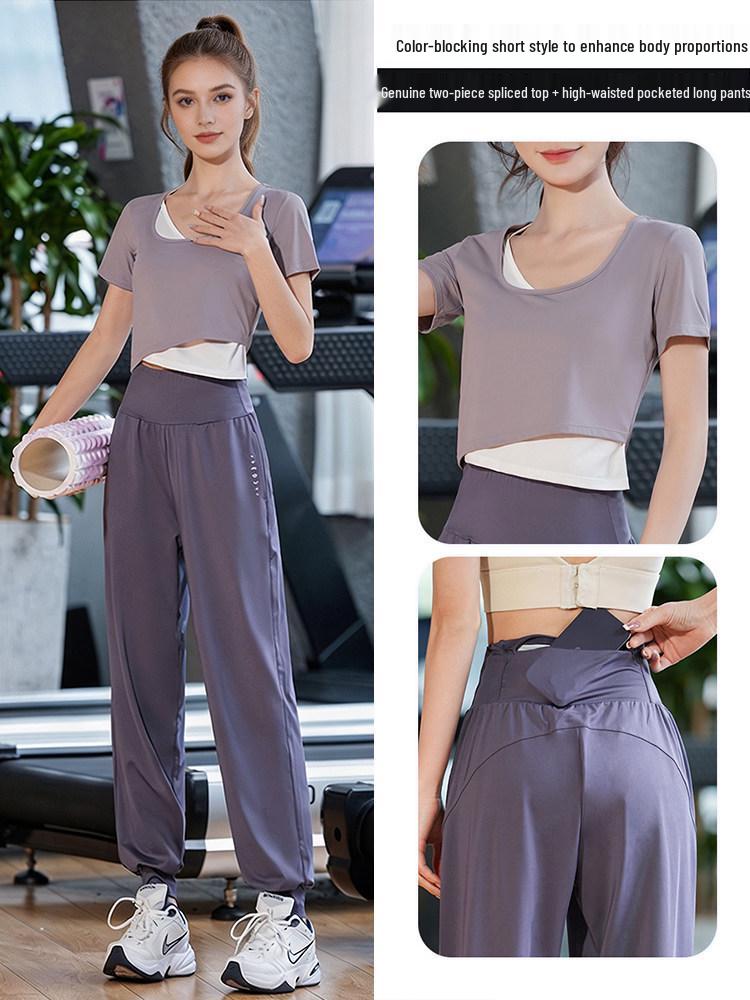 Women's Slim Fit Short Sleeve Yoga Top - Casual Two-Piece Look for Summer Sports