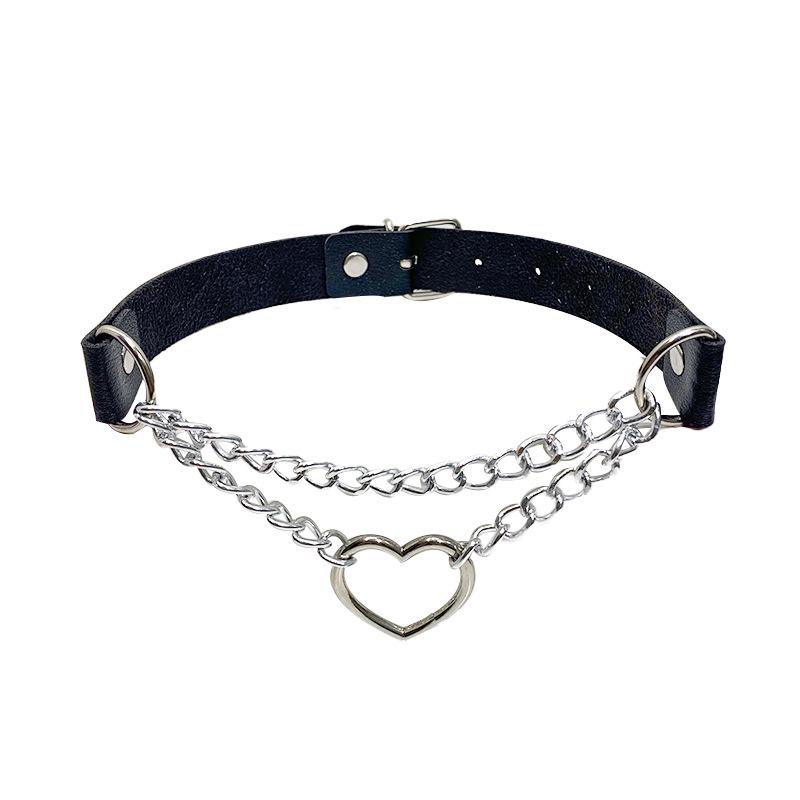 European & American Retro Heart Pendant Leather Choker Necklace - Peach Heart Shape Chain Jewelry