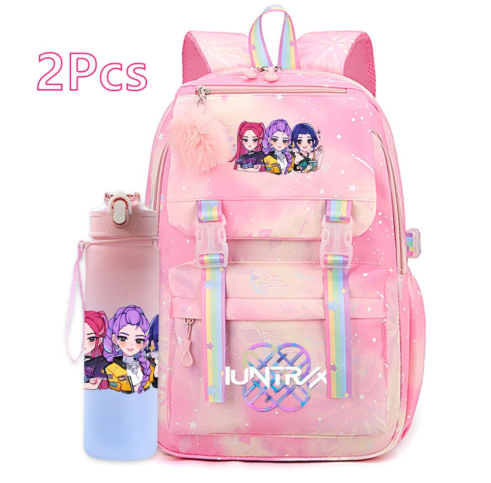 2Pcs/set New Anime Kpop Printed Backpack with 750Ml Water Bottler Large Capacity Travel Bag for Teenager Girl Boy Bookbag Kid Gift Large Capacity Bag