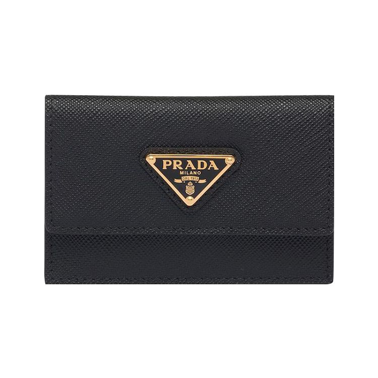 Prada Enamel Metal Triangle Logo Snap Closure Saffiano Leather Card Holder Women Card Holder Black 1MF028_QHH_F0002