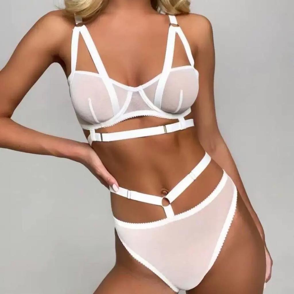Erotic Lingerie Mesh Stitching Eyelashes Lace Hanging Chain Butterfly Four-piece Set