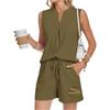 Sleeveless Split Neck Top and Drawstring Shorts Set for Women Soft Lightweight Two Piece Outfit with Pockets for Daily Wear