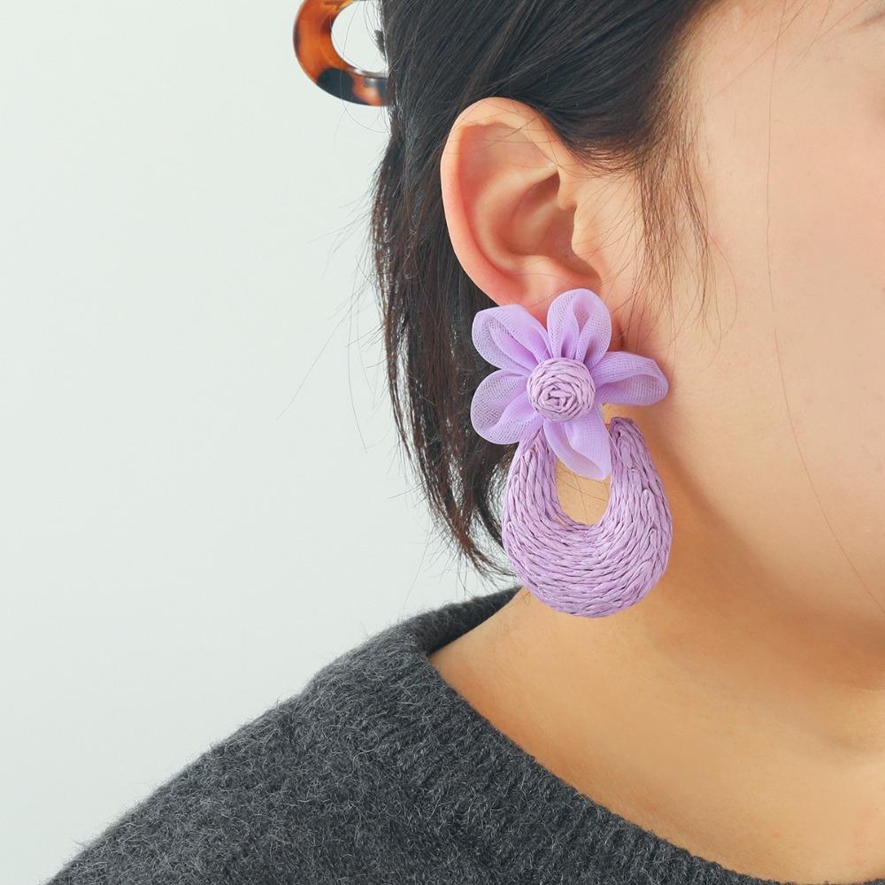 U-shaped Mesh Flower Earrings Hook Piercing Beach Drop Earrings Straw Weave Earrings  Hipster