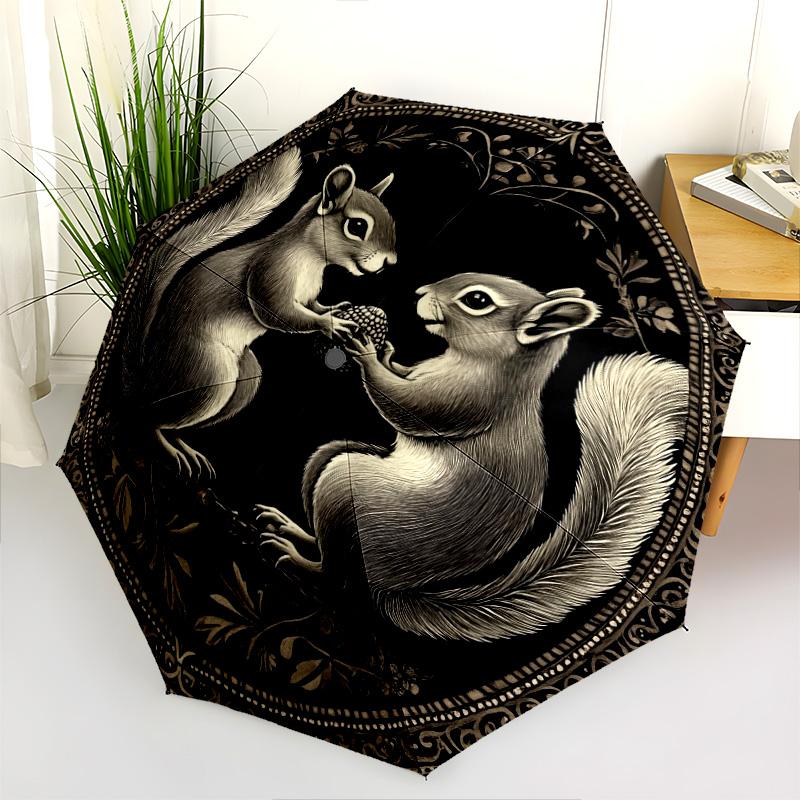 Squirrel pattern, automatic folding umbrella, portable and foldable design, 8 ribs, a Christmas or birthday gift.