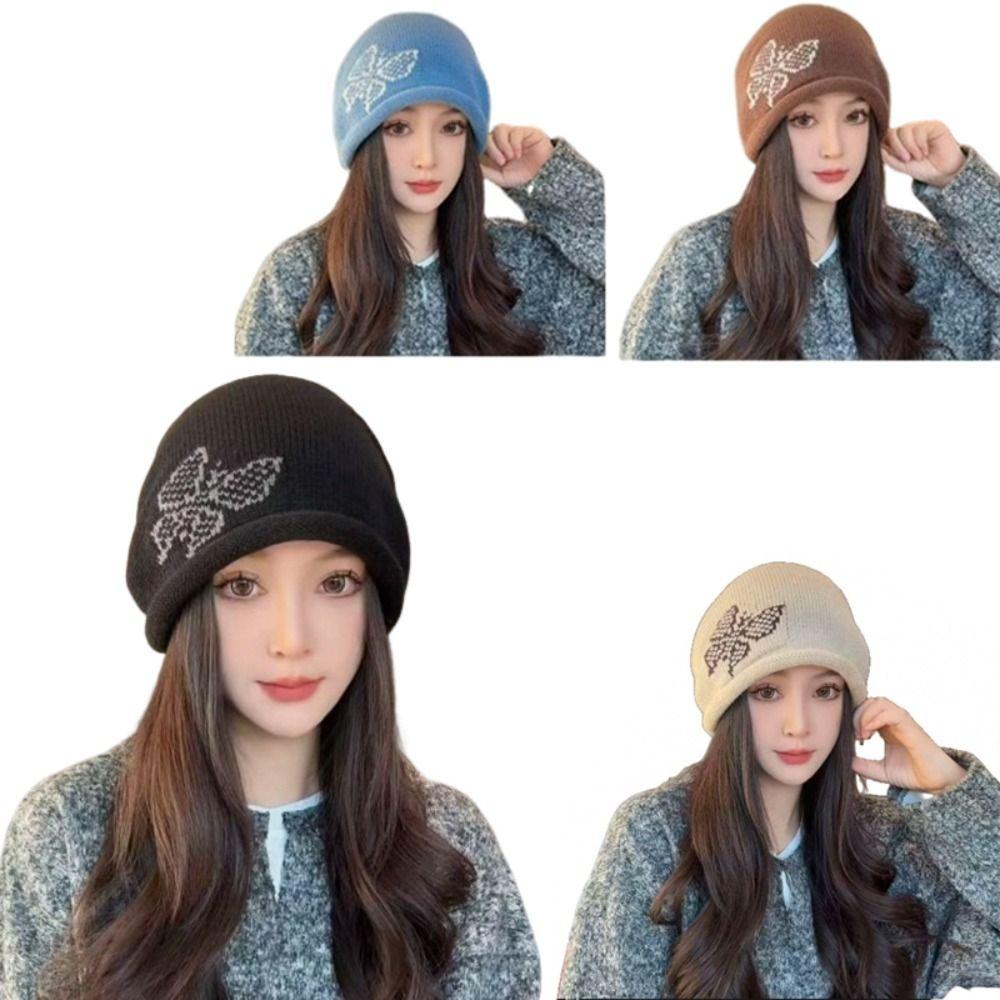 Butterfly Pattern Drawstring Beanie Cap Windproof Ear Protection Hat Casual Cover Head Cap  Women