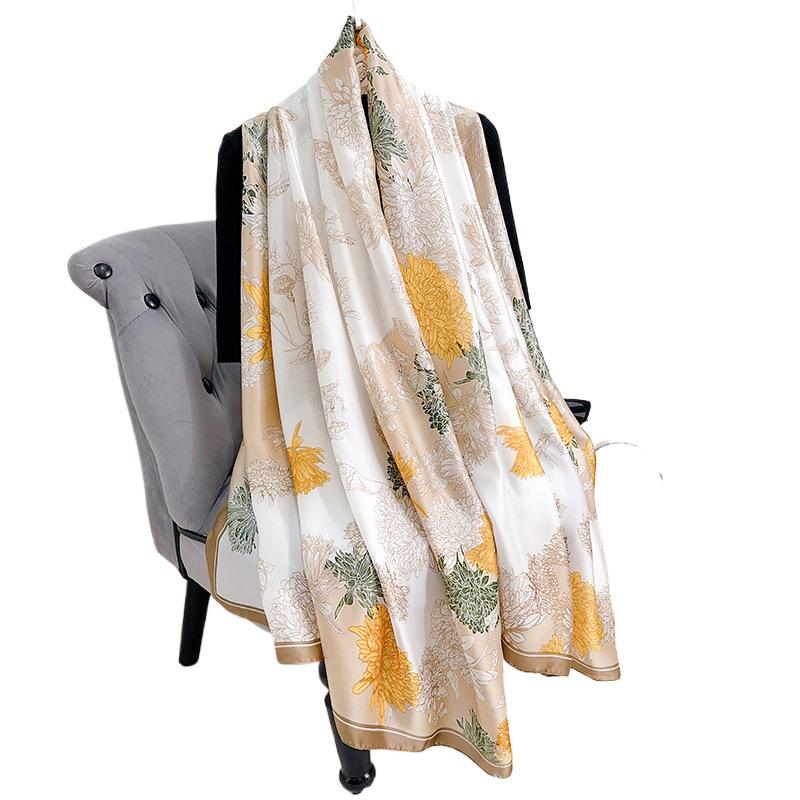 Small fresh design Korean print new silk satin temperament long scarf women's office shawl travel photo decorative scarf