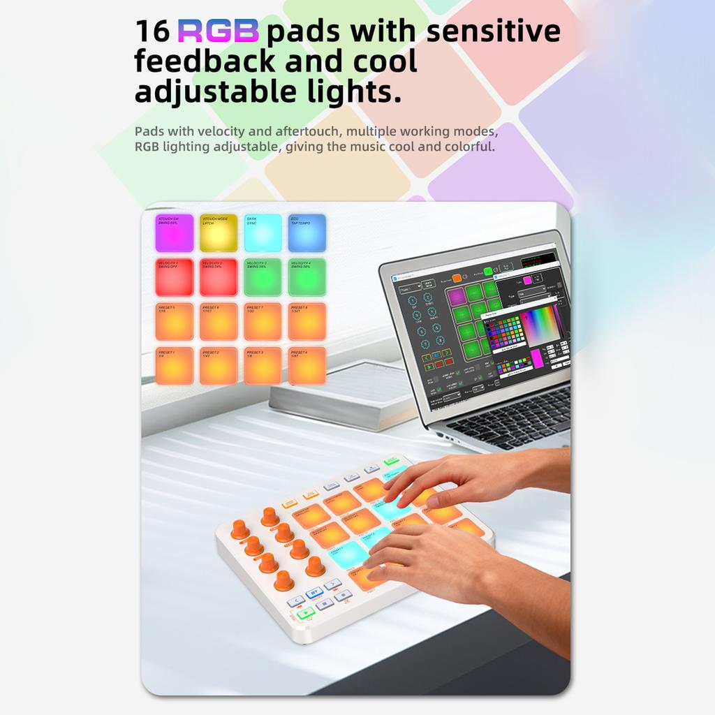 MIDI Controller Wireless MIDI Keyboard Pad 16 RGB Pads 6 Customizable Buttons 8 Knobs Rechargeable PC Mobile App Support for Beginners