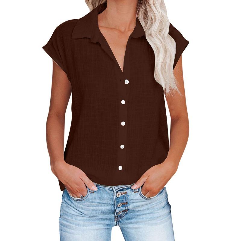 Summer new solid color single-breasted shirt women's casual short-sleeved top