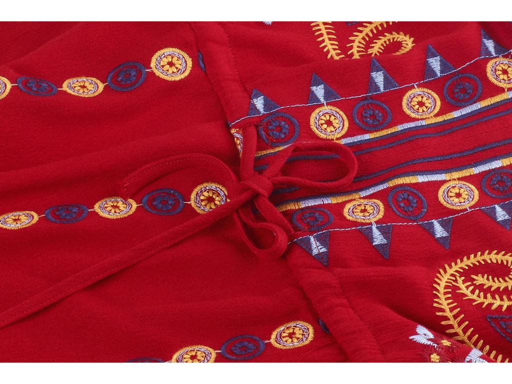 Ethnic Embroidered V-Neck Cotton Linen Dress, Fairy Style with Tie-Up and Swing, Perfect for Travel and Photos - Style 636