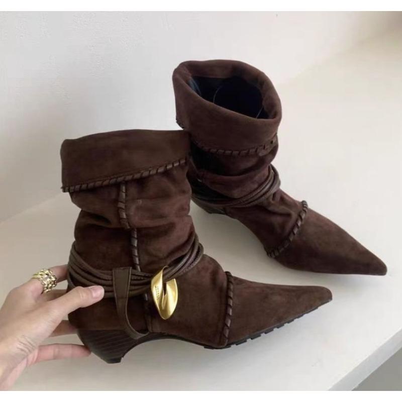 Módní nový styl dámské kotníkové boty podzim semišová kůže plisované dámské špičaté westernové kovbojské boty módní krátké luxusní boty