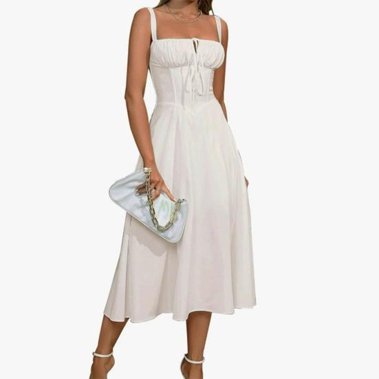 Women Sleeveless Dress Spaghetti Strap Square Neck Midi Dress Lace-Up Swing Long Dress Flowy A-Line