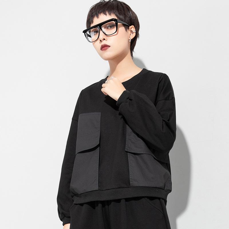 

Простая темная лоскутная футболка с длинным рукавом и круглым вырезом с карманом Extra Large чёрный