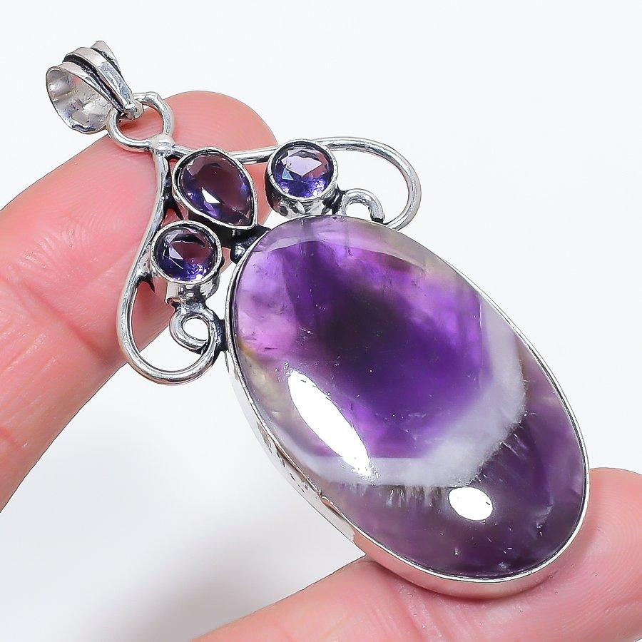 Natural Chevron Amethyst, Amethyst 925 Sterling Silver Pendant 2.68" M2b18