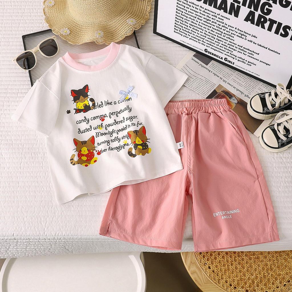 Girls Summer Fashion Cartoon Letter Print Loose Short Sleeve T Shirt Set Baby Casual Two Piece Outfit Kids Clothing