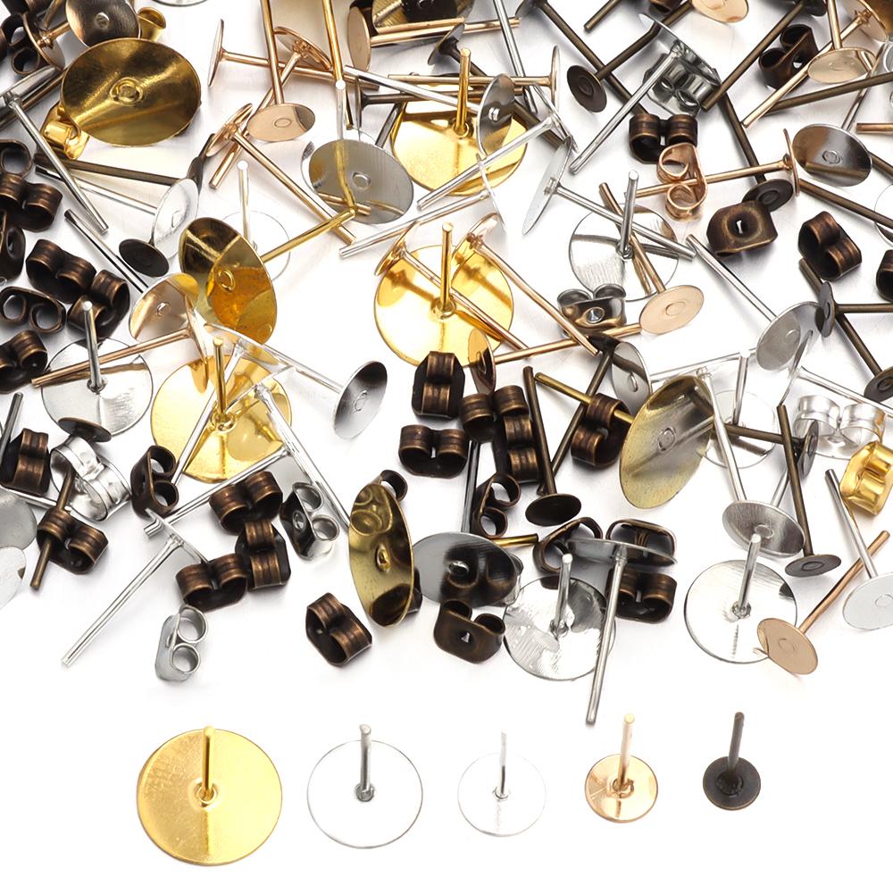 100-200pcs/lot Metal Blank Post Earring Studs Base Pins With Earring Plug Earring Base Tray For Jewelry Making DIY Earring