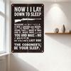 Vintage Rusty Metal Sign 'Now I Lay Down To Sleep' with Rifle & Distressed Text, Retro Humorous Satirical Wall Decor for Man Cav