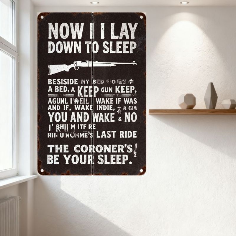 Vintage Rusty Metal Sign 'Now I Lay Down To Sleep' with Rifle & Distressed Text, Retro Humorous Satirical Wall Decor for Man Cav