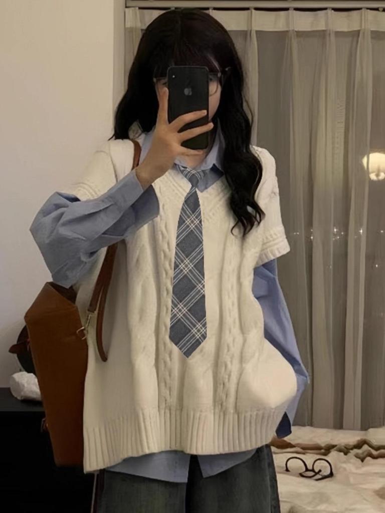 Women's Preppy Korean Knitted Vest & Shirt Set - Spring/Autumn JK Style