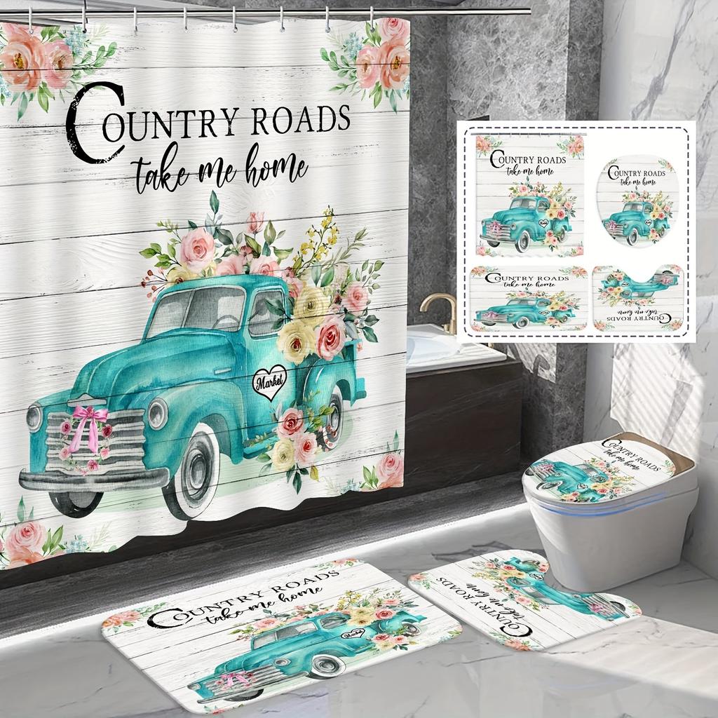 4pcs Flower Car Printed Bathroom Set Waterproof Curtain With 12 Hooks Non-Slip Bathroom Rug Toilet U-Shape Mat Toilet Lid Cover Pad Set