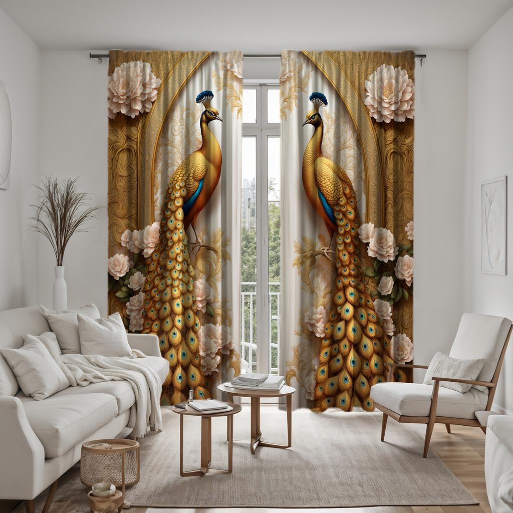 2-delad HD digital gul gardin med blomma pion påfågel bild heminredningsstil Dekorera vardagsrum sovrum bär stång