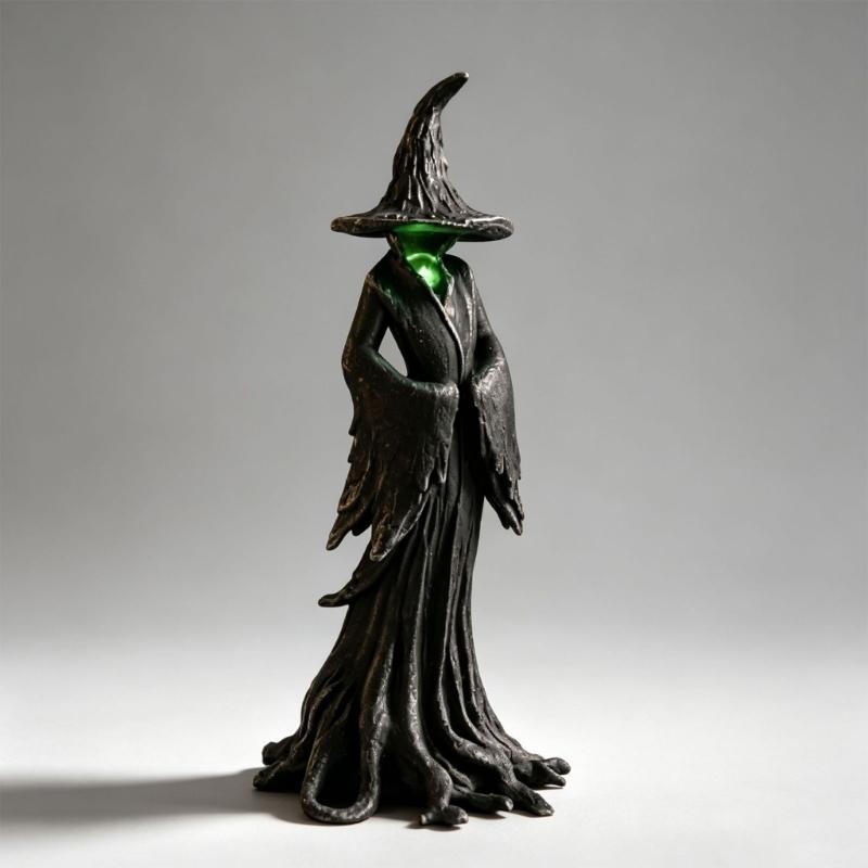 Resin Witch Statues and Figurines Halloween Hooded Character Statue with Integrated Lighting, Hand-Detailed Dark Body and Flowing Robe for Shelf,