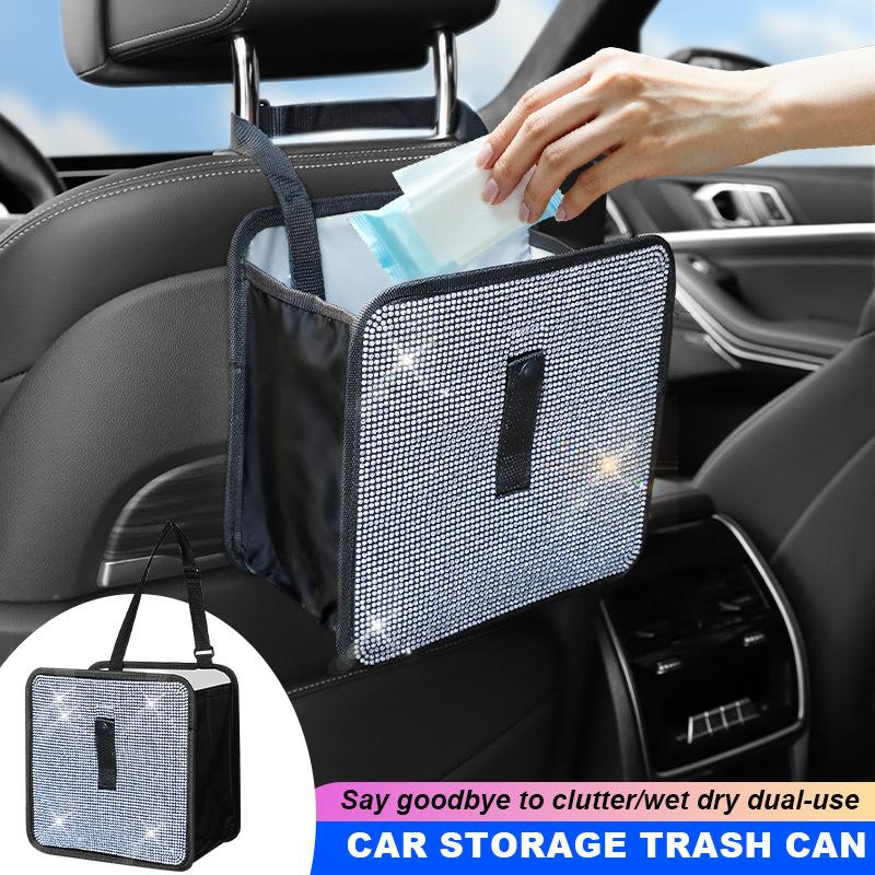 Bling Collapsible Car Trash Can Large Capacity Seat Back Hanging Garbage Storage Bag Organizer For Women Interior Accessories