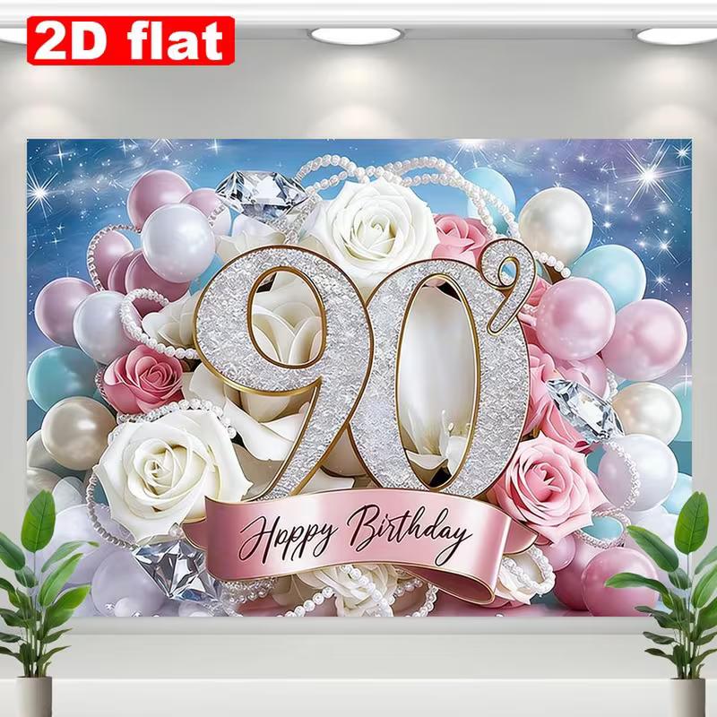 

2D 90 Years Old Birthday Backdrop Sweet Pastel Flower Balloon Theme Party Photo Booth Background 47.2x31.5inch/120*80cm