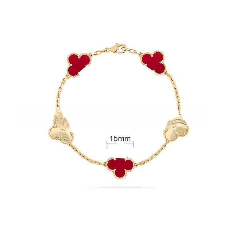 15MMHigh-quality Four-leaf Clover Five-flower Bracelet for Women 18k Natural White Mother-of-pearl and Red Chalcedony Bracelet