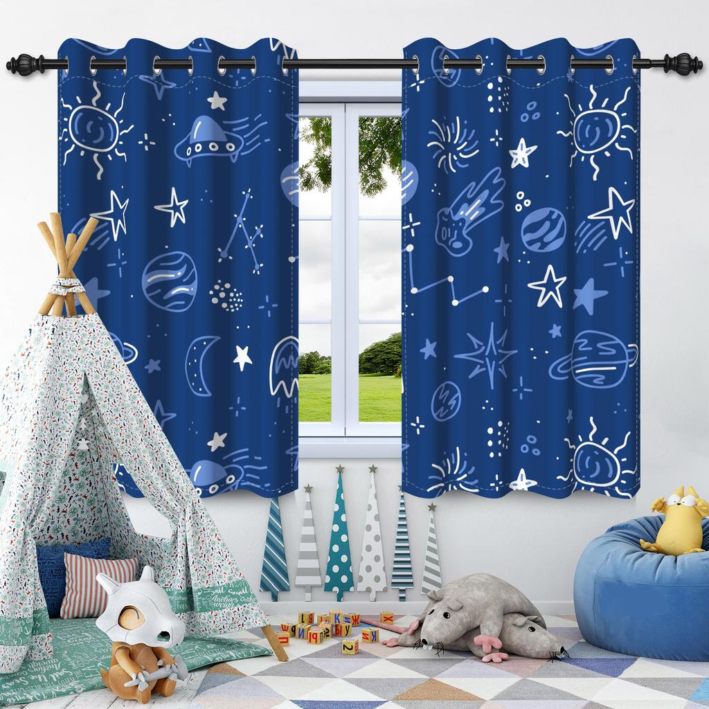 2pcs Moon Stars Window Curtains Children Bedroom Home Living Room Decoration Blackout Curtain Heat Insulation Noise Reduction