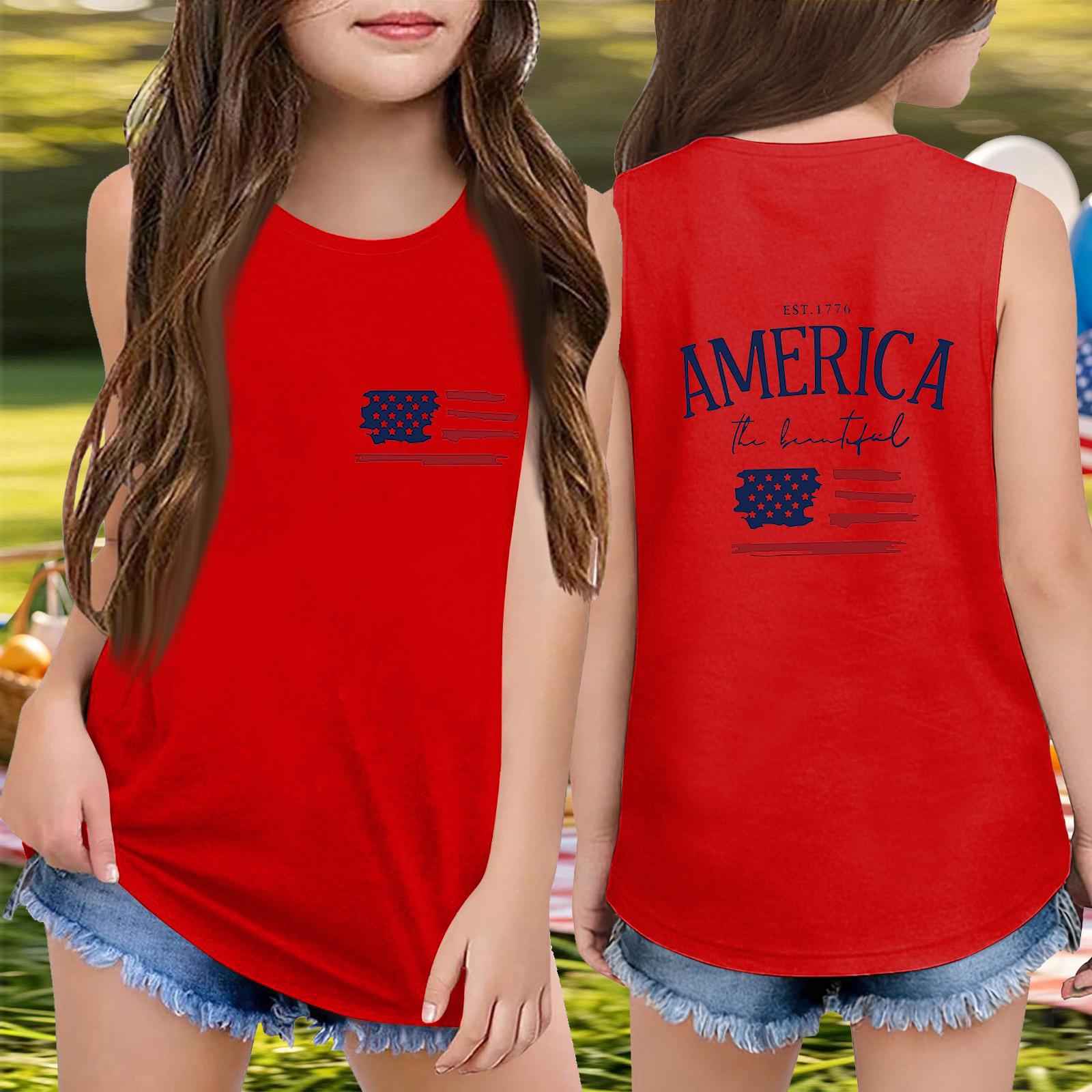 

Girls Sleeveless Loose Fit Tank Top Independence Day Print Round Neck T Shirt 250 Years Freedom Graphic Tee for Kids Casual Summer Wear 130 синій