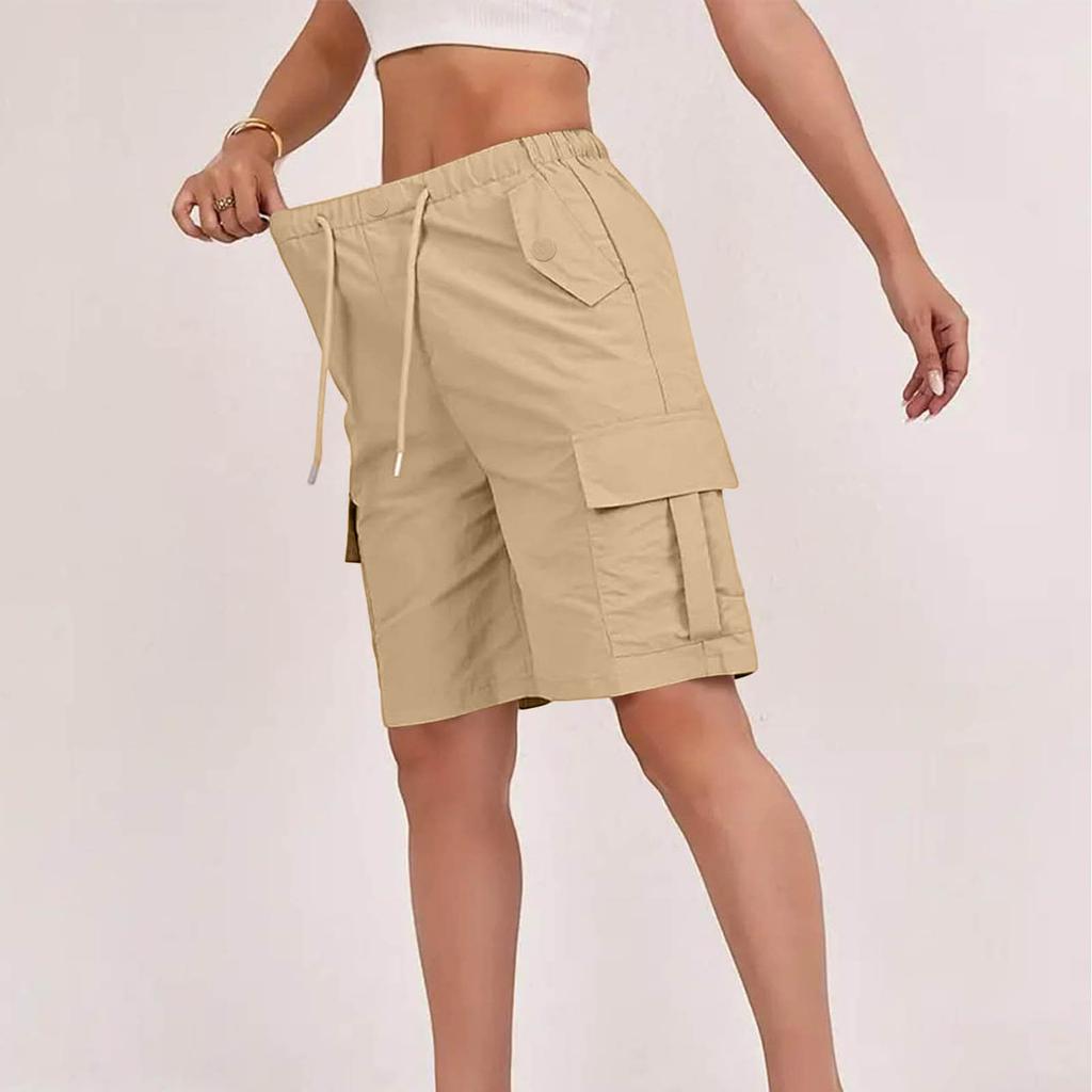 Pantalones Cortos Cargo Elásticos para Mujer de Cintura Elástica, Corte Relajado, con Cordón, Casuales, con Múltiples Bolsillos para Actividades al Aire Libre