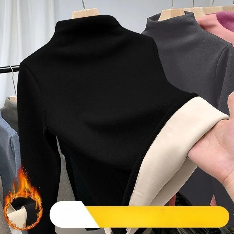 Women's Half-high Neck Cationic Thickened and Fleece-lined Base Layer T-shirt; Long-sleeved High-end Slim Fit Autumn and Warm Top