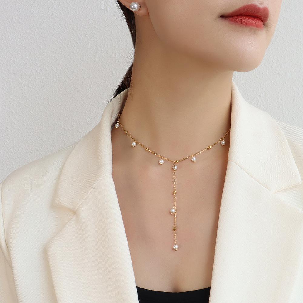 French-Inspired Imitation Pearl Tassel Necklace - Titanium Steel 18K Gold Choker, INS Style Jewelry