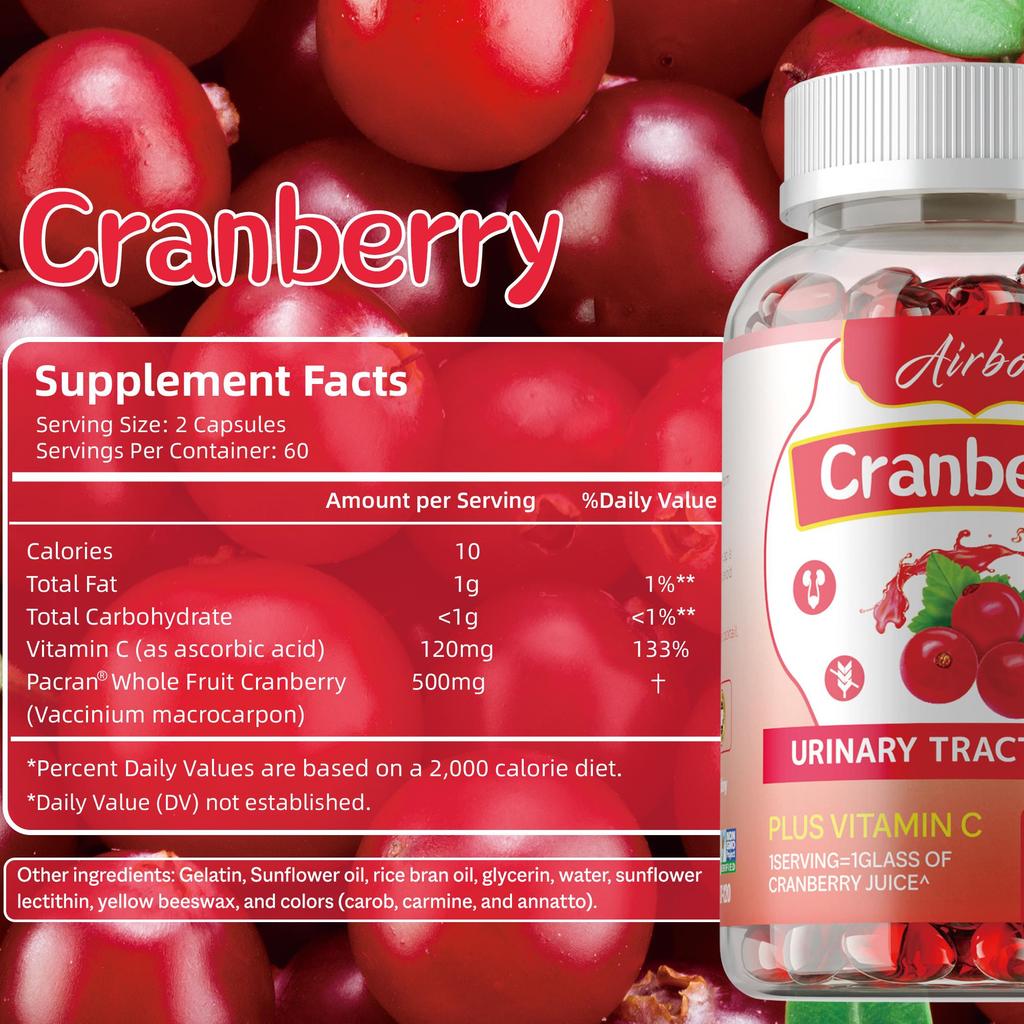 Airboy Cranberry-Extrakt-Weichkapseln, hergestellt aus gemahlenen ganzen Cranberries, helfen, den Körper zu reinigen und die Gesundheit des Harntrakts zu fördern.
