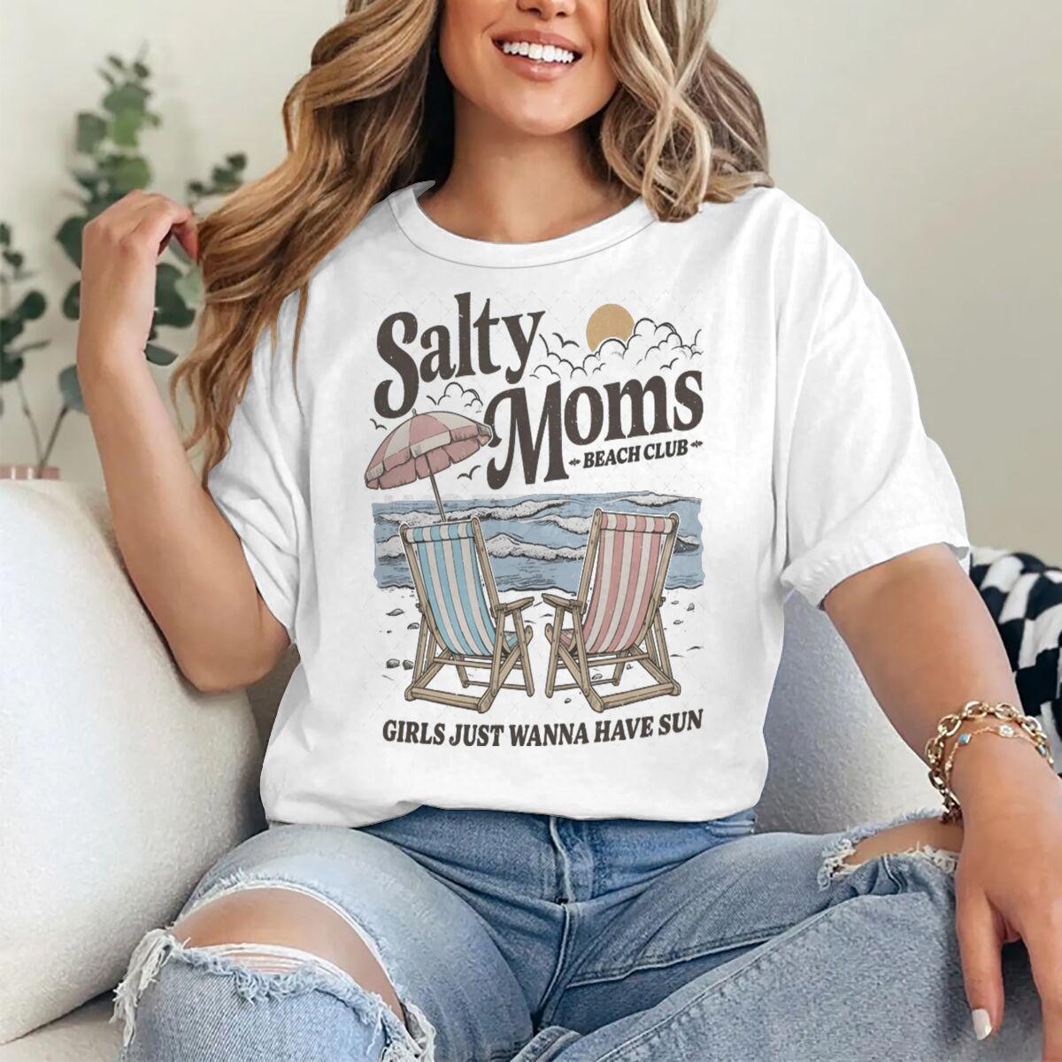 Salty Moms Beach Club T Shirt Fun Mom Short Sleeve T-shirts Trendy Mothers Day Tees Gift For Mama Casual Short Sleeve Tops 5XL
