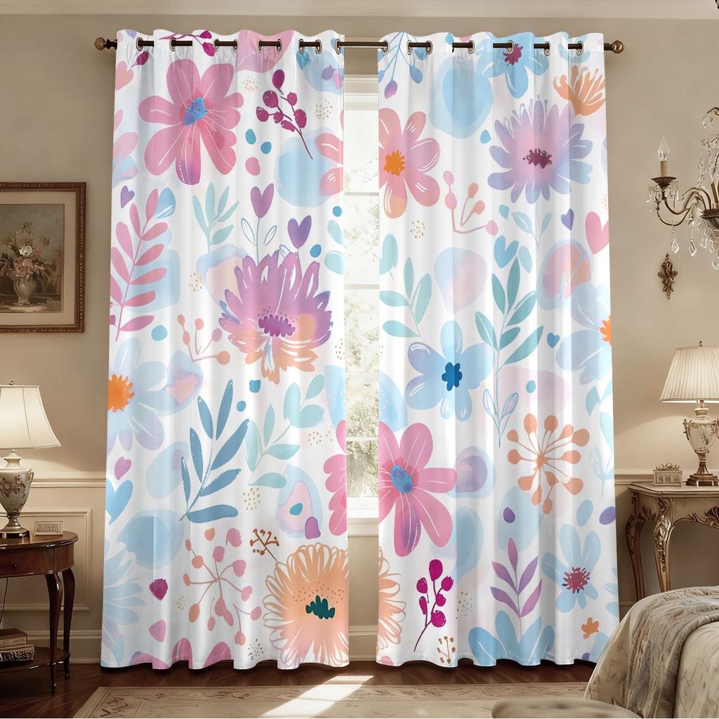 Set Of 2 Colorful Spring Flowers Perforated Curtains Multi Size Living Room Home Insulation Decoration Easy Installation Darkening Made Polyester