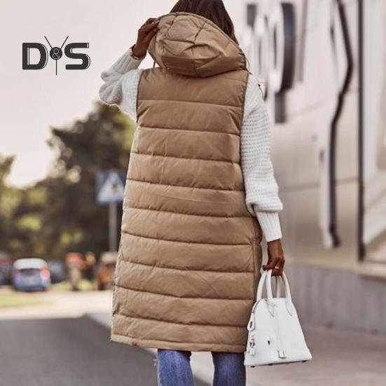 Dámská zimní vesta Kabát Vycpaný Jednobarevný Bez rukávů S kapucí Stahovací šňůrka Jednořadá Středně dlouhá Slim Fit Zip Kapsy na lemu Dámská Dlouhá zima