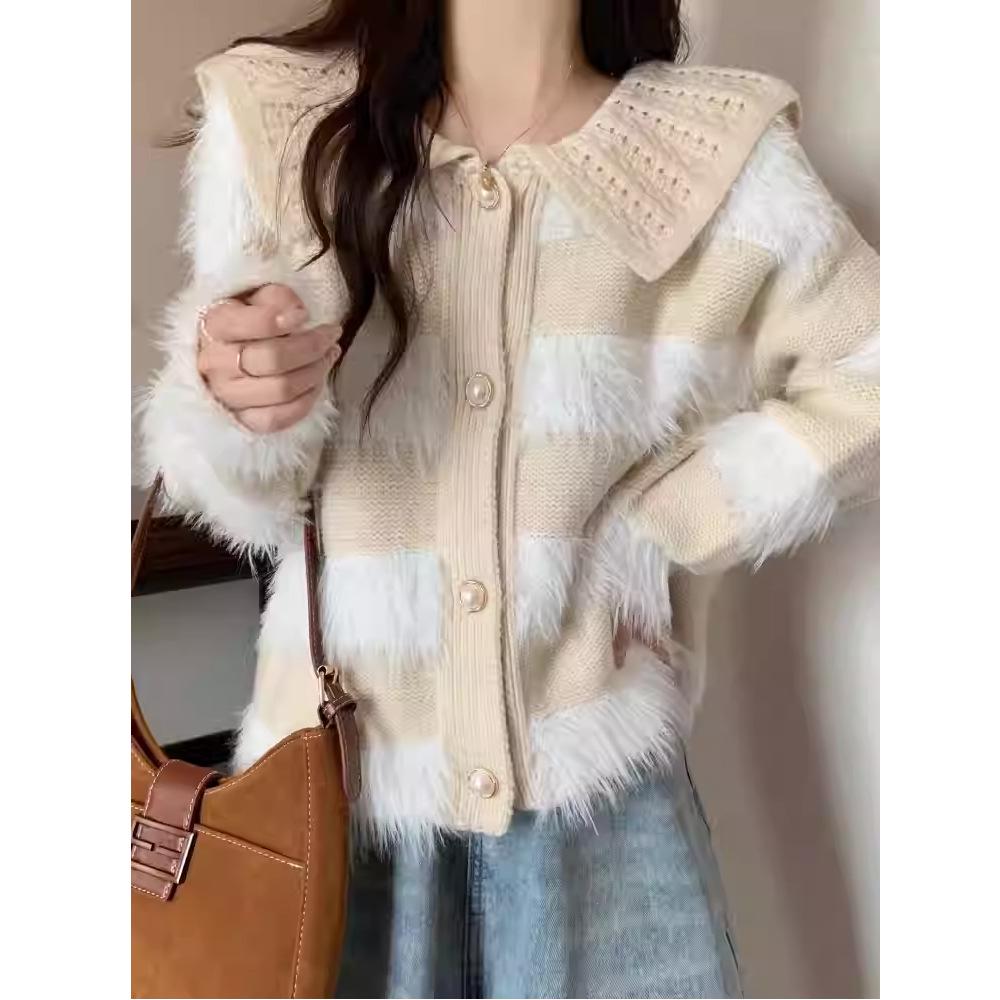 2024 Autumn/Winter Age-Defying Doll Collar Patchwork Stripe Plush Knit Sweater in Lazy Style