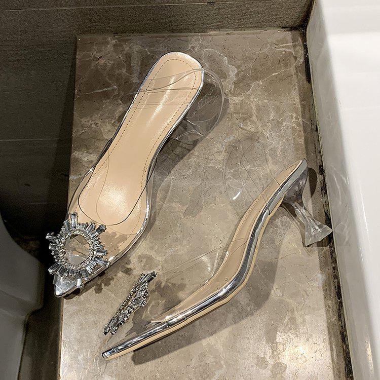 Spring/Summer 2021 Sunflower Pointed-Toe Crystal Sandals with Chunky Wine Glass Heels for Women