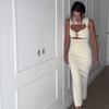 Fashion Sexy Hollow Out Strapless Solid Shell Button Long Dress Women Sleeveless Round Neck Bodycon Evening Party Dress