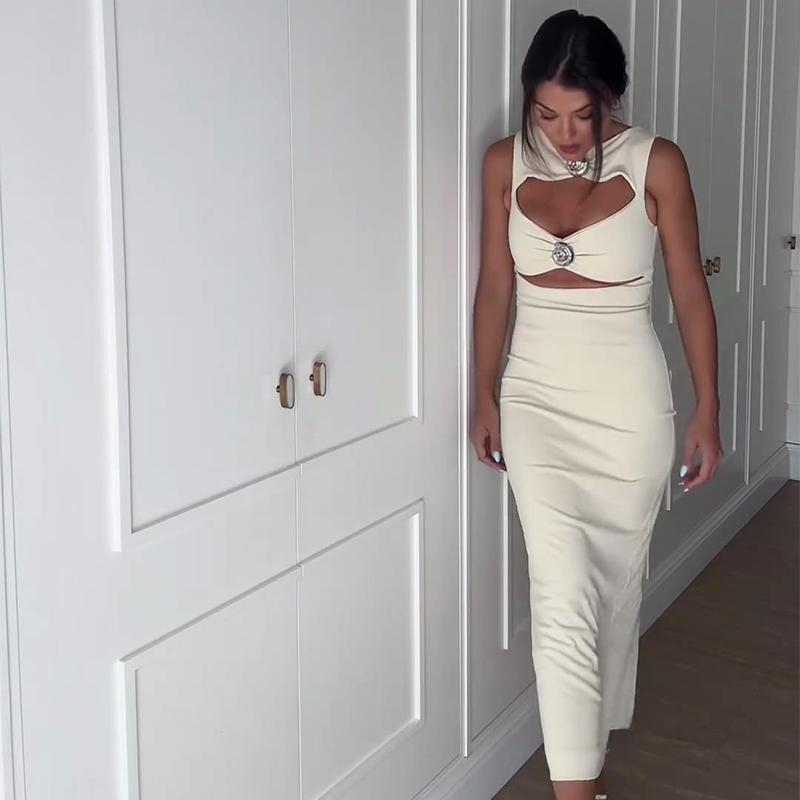 Fashion Sexy Hollow Out Strapless Solid Shell Button Long Dress Women Sleeveless Round Neck Bodycon Evening Party Dress