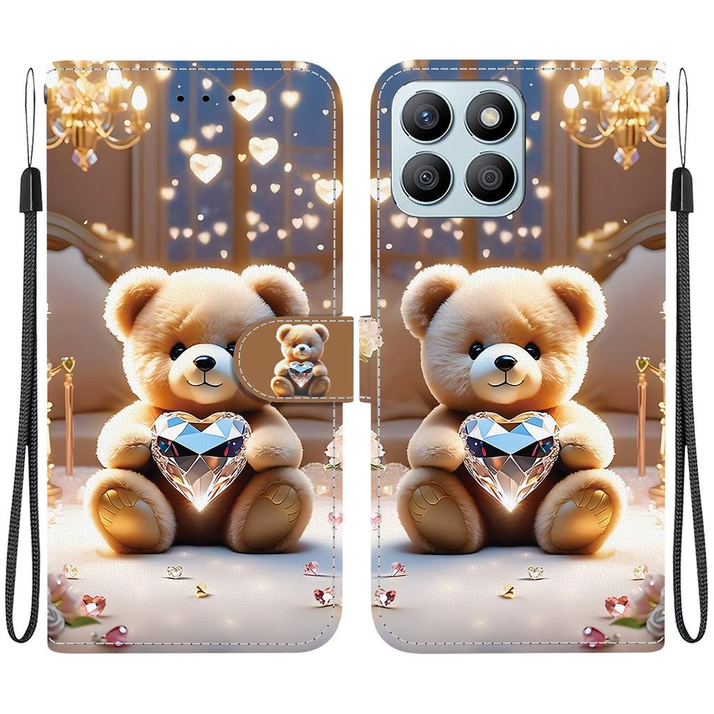 Handmade PU Leather Flip Case for Honor X8b Anti-Slip Shockproof Cover with Wrist Strap & Heart/Rose Cat Designs