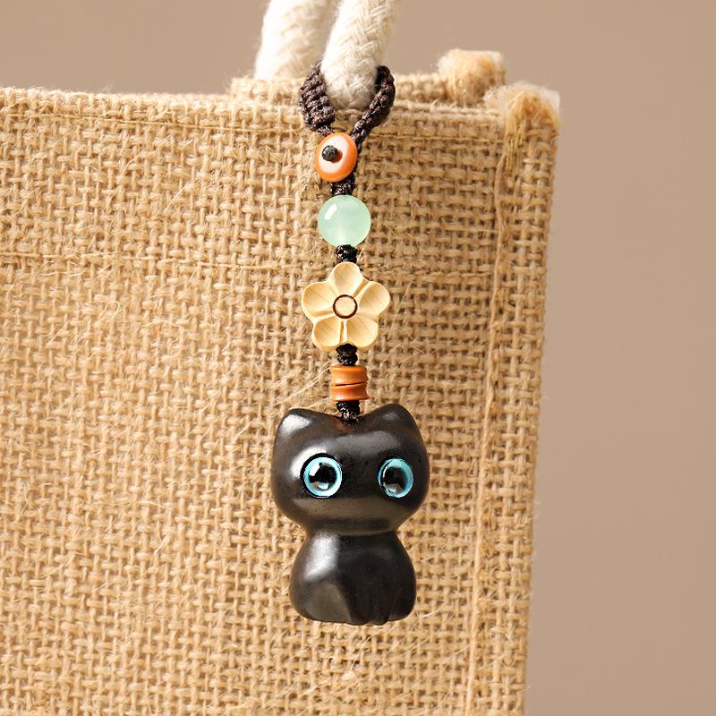 Ebenholts Katt Nyckelring Hänge - Söt Parberlock för Telefoner & Väskor