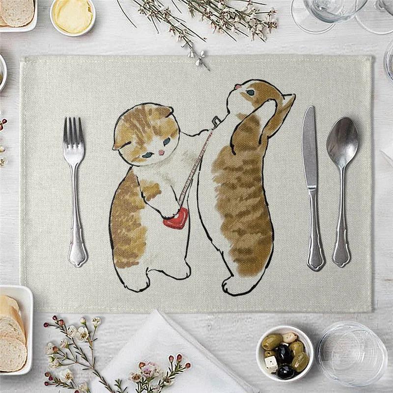Mantel Individual Para Mesa de Comedor Lindo Gato Dibujo Animado Animal Estera Posavasos Creativo Estampado Resistente al Calor Accesorios de Cocina Comedor Almohadilla Caliente