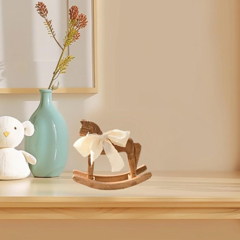Simple Design Wooden Rocking Horse Figurine with White Ribbon for Home Nursery Table Decoration and Collectible Display