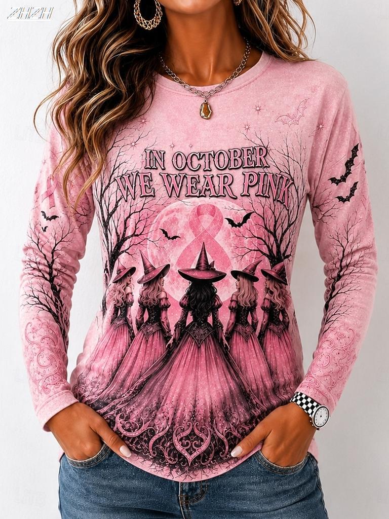 Women Halloween Full Bat Print Long Sleeve T‑Shirt Crew Neck Casual Gothic Fall Party Graphic Top