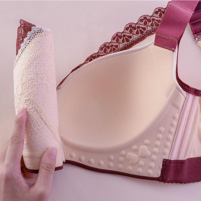 Sexy Lace-trimmed Front and Back Buckle Bra with Breathable Cups Plus Size Side Breasts Beautiful Back and Push-up No-rim Bra