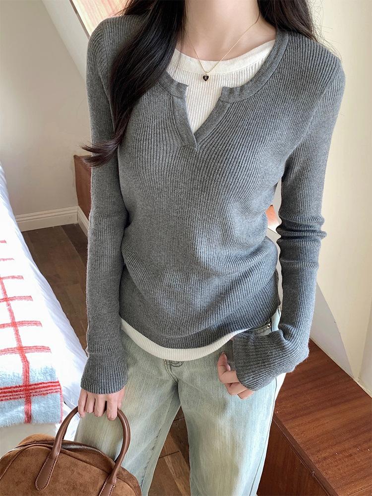

Light blue spliced fake two-piece neck sweater women s spring contrasting long-sleeved top bottoming shirt XL серый